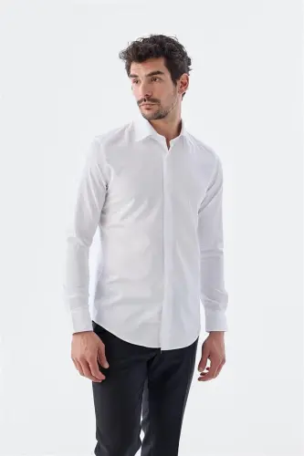 Oq Slim Fit italyan yoqali uzun qo'lli klassik galstukli 100% paxta satin ko'ylak 