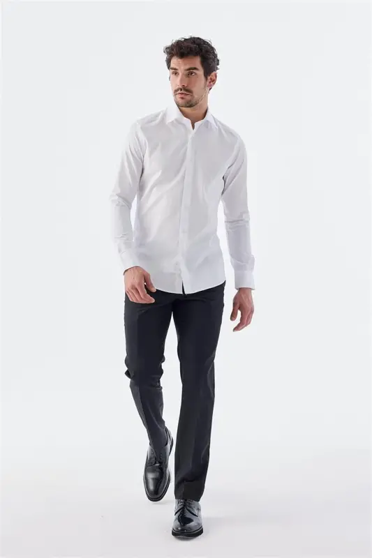 Oq Slim Fit italyan yoqali uzun qo'lli klassik galstukli 100% paxta satin ko'ylak - 2