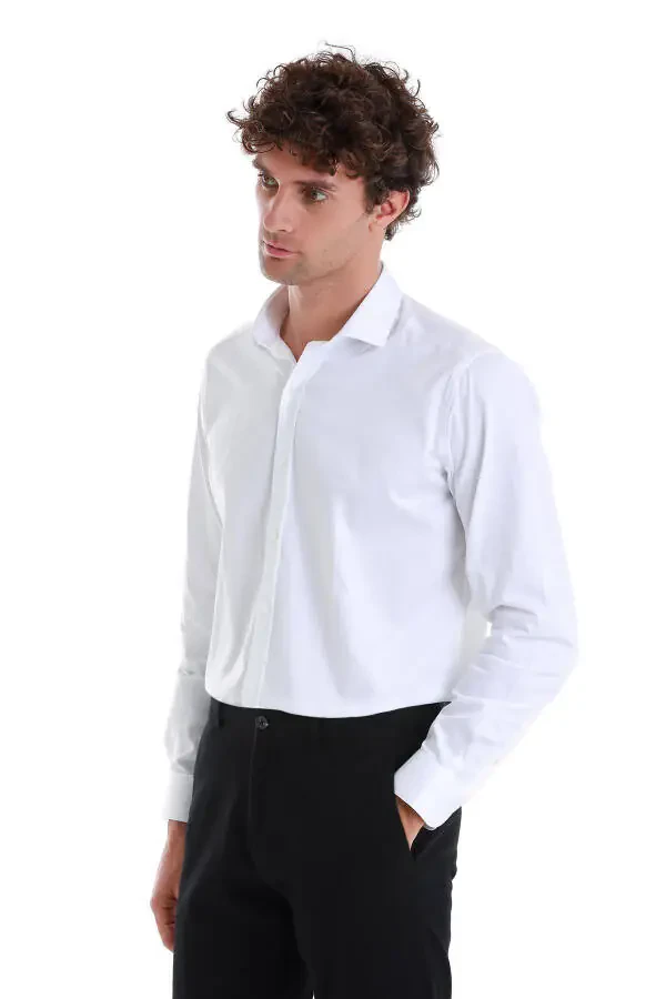 Oq Slim Fit Tekis 100% Paxta Ochiq Italyan Yoqa Uz - 3