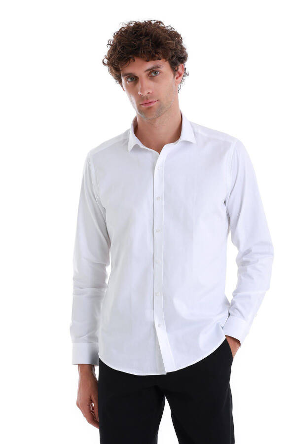Oq Slim Fit Tekis 100% Paxta Ochiq Italyan Yoqa Uz - 4