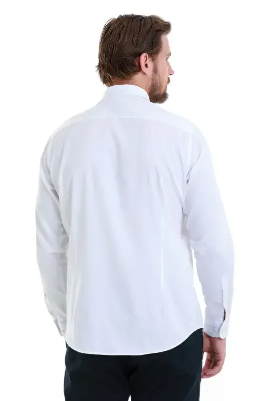 Oq Slim Fit tekis 100% paxta tor yaka uzun qisma atlas ko'ylak-Oq00 - 5