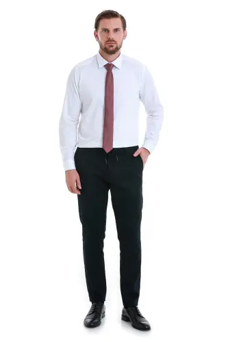 Oq Slim Fit tekis 100% paxta tor yaka uzun qisma atlas ko'ylak-Oq00 - 3