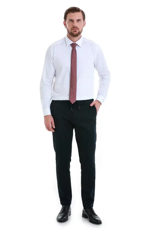 Oq Slim Fit tekis 100% paxta tor yaka uzun qisma atlas ko'ylak-Oq00 - 3