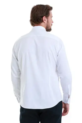 Oq Slim Fit tekis 100% paxta tor yaka uzun qisma atlas ko'ylak-Oq00 - 5