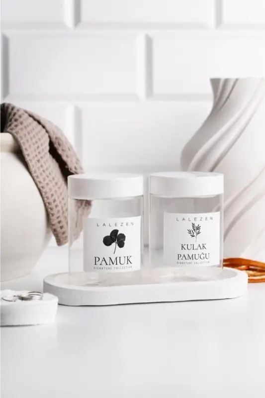 Oq stendli shaffof quloq paxta va paxta etiketli банка 200ml - LALEZEN HOME