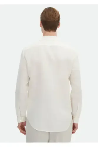 Oq tekis Regular Fit to'qilgan kundalik zig'ir aralash ko'ylak - 7