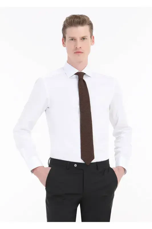 Oq tekis Slim Fit to'qilgan klassik 100% paxta ko'ylak - 1