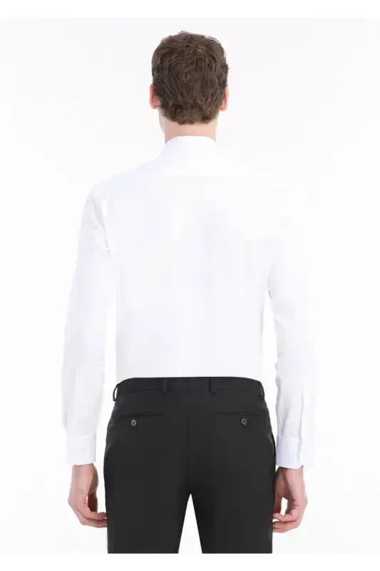 Oq tekis Slim Fit to'qilgan klassik 100% paxta ko'ylak - 4