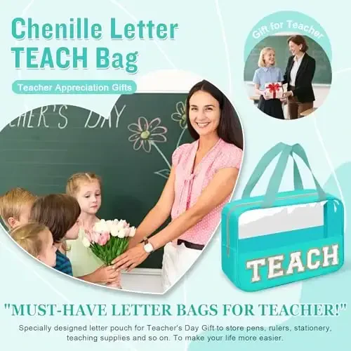 O'qituvchilarni qadrlash sovg'alari Chenille Letter Shaffof Makiyaj Sumkasi TEACH Hamyon, Preppy Suv o'tkazmaydigan Makiyaj Kosmetik Sumkasi Fermuar bilan Bitiruv Nafaqaga Chiqish Tug'ilgan kun O'qituvchi Ayollar uchun Zarur Sovg'alar (TEACH-Yashil) - 5