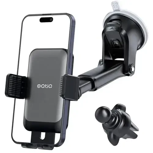 OQTIQ 3-in-1 Suction Cup Phone Holder Windshield/Dashboard/Air Vent, Dashboard & Windshield Suction Cup Car Phone Mount with Strong Sticky Gel Pad (Black & Silver) - 1