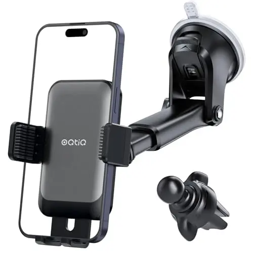 OQTIQ 3-in-1 Suction Cup Phone Holder Windshield/Dashboard/Air Vent, Dashboard & Windshield Suction Cup Car Phone Mount with Strong Sticky Gel Pad (Black & Silver) - 1