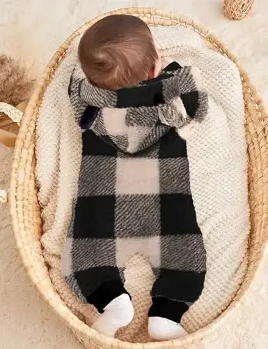 Oranchids Baby Boy Clothes Qishki qor kostyumi Plaid Fleece Jumpsuit Ayiq quloqli kapüşonli Romper Fermuarli Onesie Issiq chaqaloq palto libosi - 3