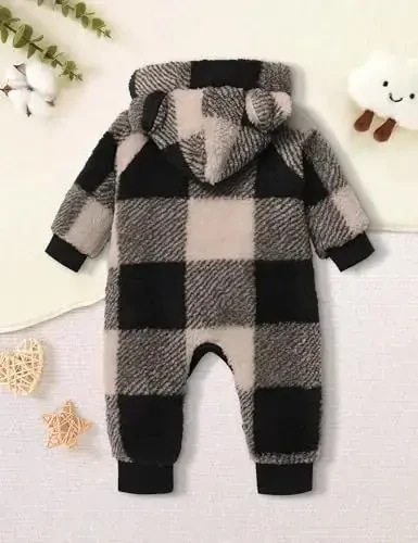Oranchids Baby Boy Clothes Qishki qor kostyumi Plaid Fleece Jumpsuit Ayiq quloqli kapüşonli Romper Fermuarli Onesie Issiq chaqaloq palto libosi - 5