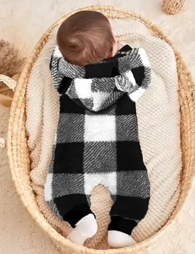Oranchids Baby Boy Clothes Qishki Snowsuit Plaid Fleece Jumpsuit Ayiq Quloqli Kapüşonlu Romper Fermuarli Onesie Issiq Chaqaloq Palto Kiyimi - 3