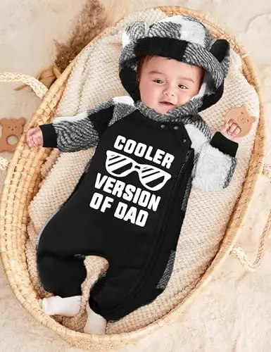 Oranchids Baby Boy Clothes Qishki Snowsuit Plaid Fleece Jumpsuit Ayiq Quloqli Kapüşonlu Romper Fermuarli Onesie Issiq Chaqaloq Palto Kiyimi - 2