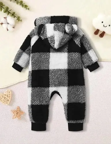 Oranchids Baby Boy Clothes Qishki Snowsuit Plaid Fleece Jumpsuit Ayiq Quloqli Kapüşonlu Romper Fermuarli Onesie Issiq Chaqaloq Palto Kiyimi - 5