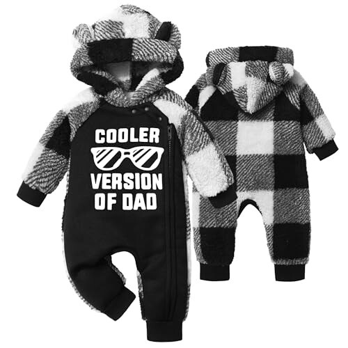 Oranchids Baby Boy Clothes Winter Snowsuit Plaid Fleece Jumpsuit Bear Ear Hooded Romper Zipper Onesie Warm Infant Coat Outfit - 1