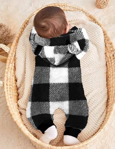 Oranchids Baby Boy Clothes Winter Snowsuit Plaid Fleece Jumpsuit Bear Ear Hooded Romper Zipper Onesie Warm Infant Coat Outfit - 3