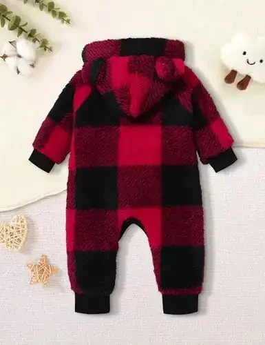 Oranchids Baby Boy Clothes Winter Snowsuit Plaid Fleece Jumpsuit Bear Ear Hooded Romper Zipper Onesie Warm Infant Coat Outfit - 5