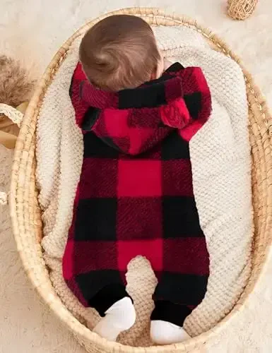 Oranchids Baby Boy Clothes Winter Snowsuit Plaid Fleece Jumpsuit Bear Ear Hooded Romper Zipper Onesie Warm Infant Coat Outfit - 3