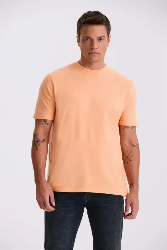 Orange 100% Cotton Patterned Crew Neck T-Shirt - 1