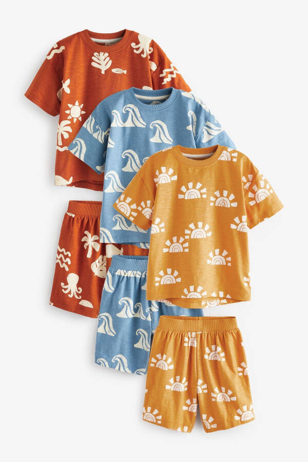 Orange Blue Yellow Palm Printed Short Sleeve Shorts 3-Piece Set - 4