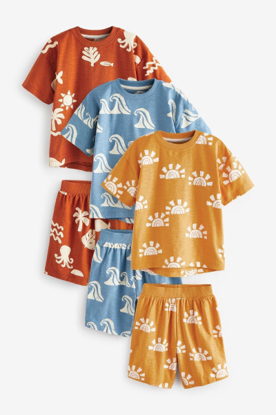 Orange Blue Yellow Palm Printed Short Sleeve Shorts 3-Piece Set - 1