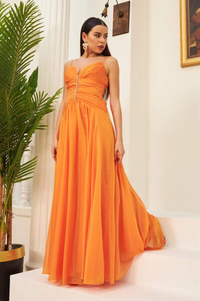 Orange Chiffon Strapless Dress with Stone Trimmed Neckline & Long Evening Dress - 1