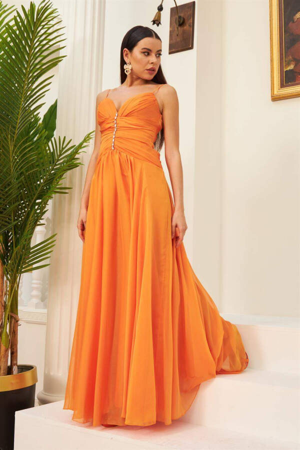 Orange Chiffon Strapless Dress with Stone Trimmed Neckline & Long Evening Dress - 1