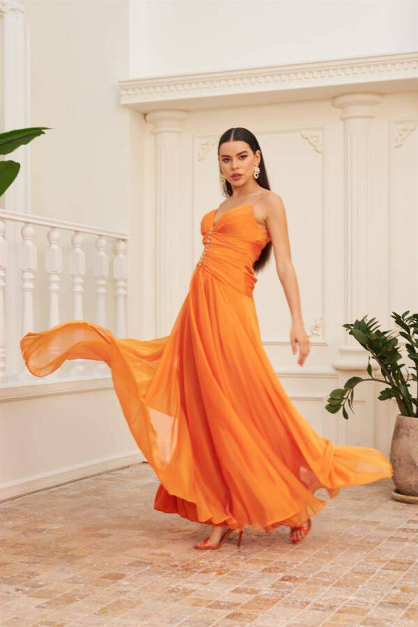 Orange Chiffon Strapless Dress with Stone Trimmed Neckline & Long Evening Dress - 2