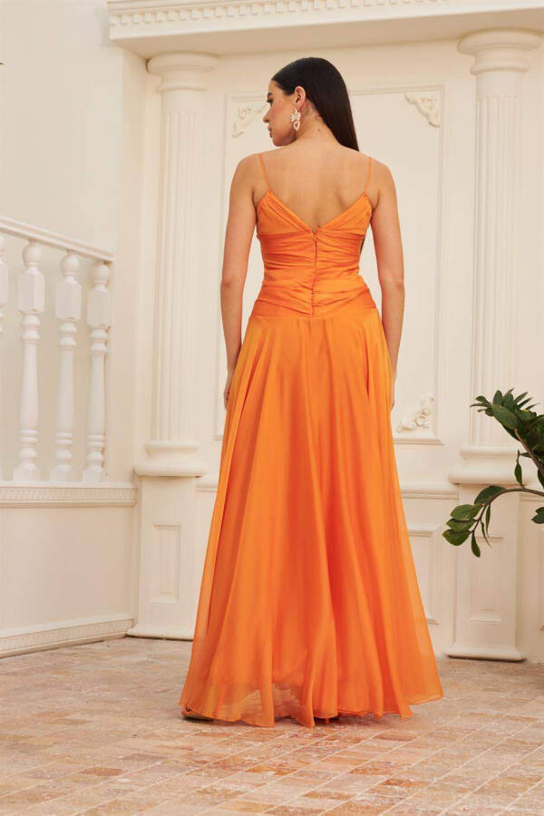 Orange Chiffon Strapless Dress with Stone Trimmed Neckline & Long Evening Dress - 5