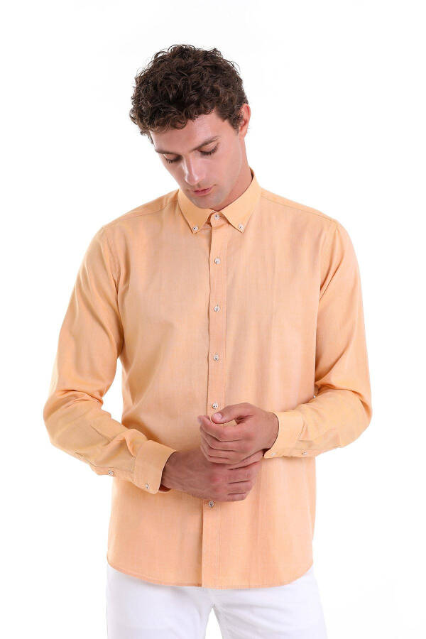 Orange Comfort Fit Plain 100% Cotton Button-Down Collar LS Shirt - 3