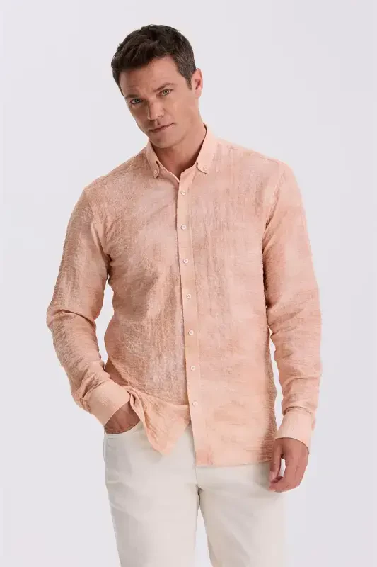 Orange Comfort Fit Waffle Knit Button-Down Patterned Shirt - JAKAMEN