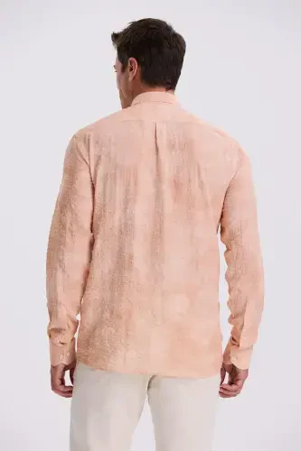 Orange Comfort Fit Waffle Knit Button-Down Patterned Shirt - 4