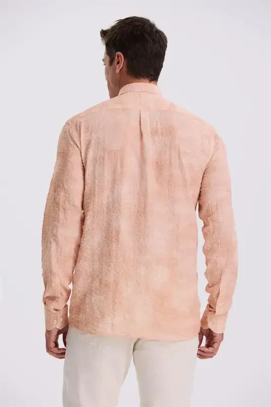 Orange Comfort Fit Waffle Knit Button-Down Patterned Shirt - 4