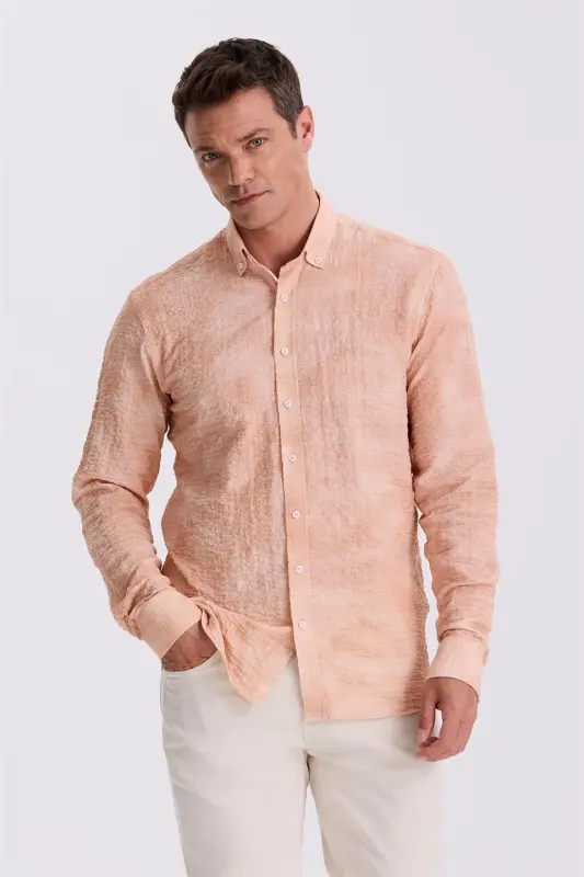 Orange Comfort Fit Waffle Knit Button-Down Patterned Shirt - JAKAMEN