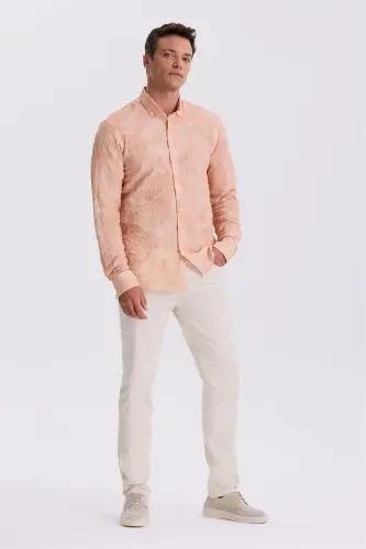 Orange Comfort Fit Waffle Knit Button-Down Patterned Shirt - JAKAMEN (1)