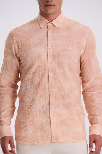 Orange Comfort Fit Waffle Knit Button-Down Patterned Shirt - 3
