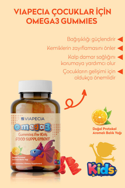 Orange Flavored Omega 3 Gummy Bears for Kids 60 Count Brain Development - VIAPECIA (1)