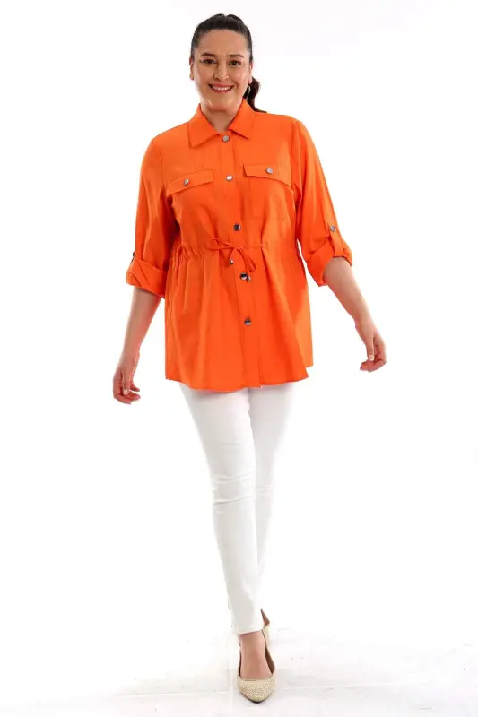 Orange Jacket with Waist Tie and Pockets for Plus Size - 2