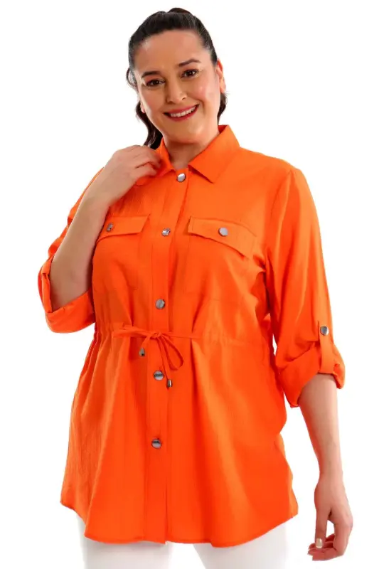 Orange Jacket with Waist Tie and Pockets for Plus Size - 3