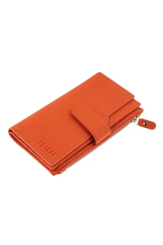 Orange Large Card Holder ID Compartment Zippered Genuine Leather Long Women Wallet-ORANGE - DERIDERIM