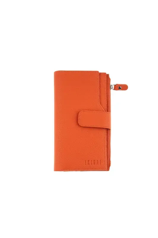 Orange Large Card Holder ID Compartment Zippered Genuine Leather Long Women Wallet-ORANGE - 3
