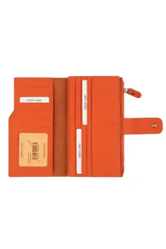 Orange Large Card Holder ID Compartment Zippered Genuine Leather Long Women Wallet-ORANGE - 4