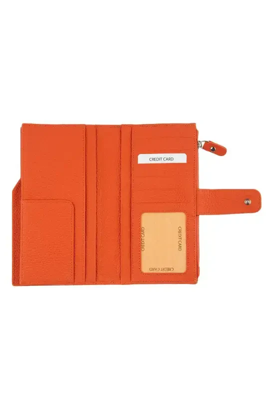 Orange Large Card Holder ID Compartment Zippered Genuine Leather Long Women Wallet-ORANGE - 5