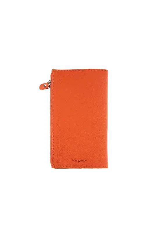 Orange Large Card Holder ID Compartment Zippered Genuine Leather Long Women Wallet-ORANGE - 6