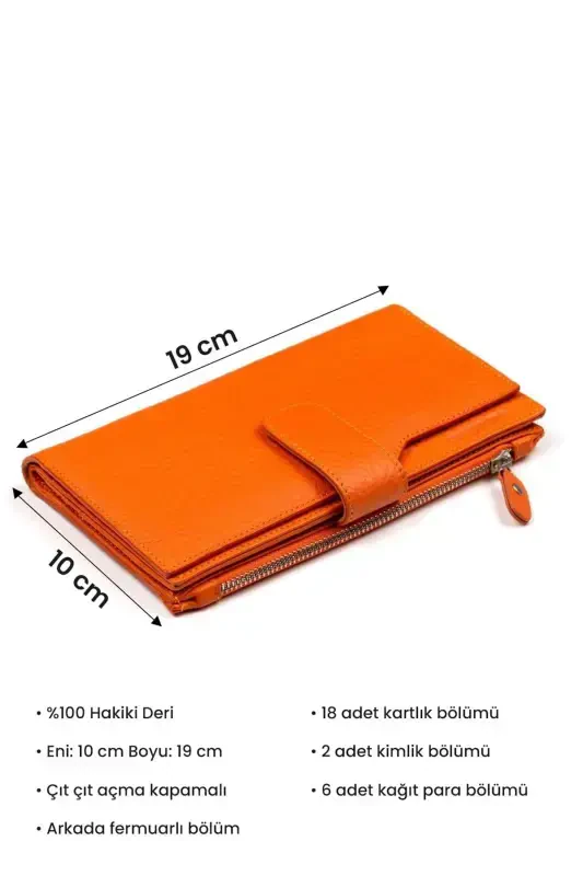 Orange Large Card Holder ID Compartment Zippered Genuine Leather Long Women Wallet-ORANGE - 7
