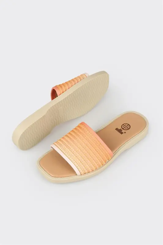 Orange Leather Women's Flat Sandal-Orange - 3