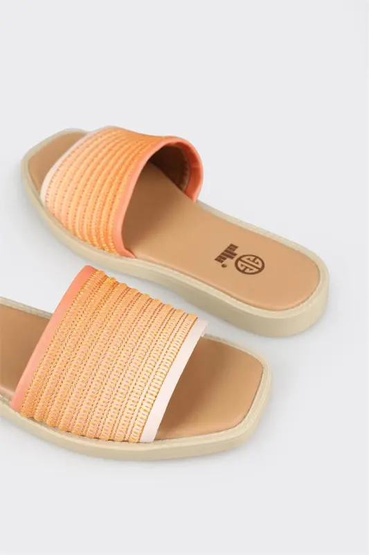 Orange Leather Women's Flat Sandal-Orange - 5