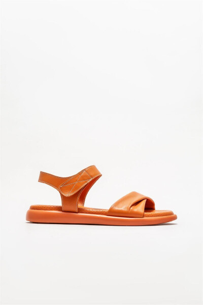 Orange Leather Women's Flat Sandals - ELLE SHOES